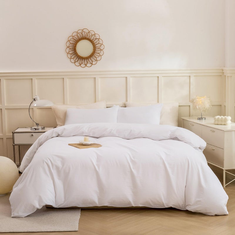 ECOCOTT ECOCOTT White Duvet Cover Queen Size - 100% Washed Cotton Durable Soft Comfy Duvet Cover Set  Lightweight and Breathable with Zipper Closure & Corner Ties (White  90''x90'')  - Image 1