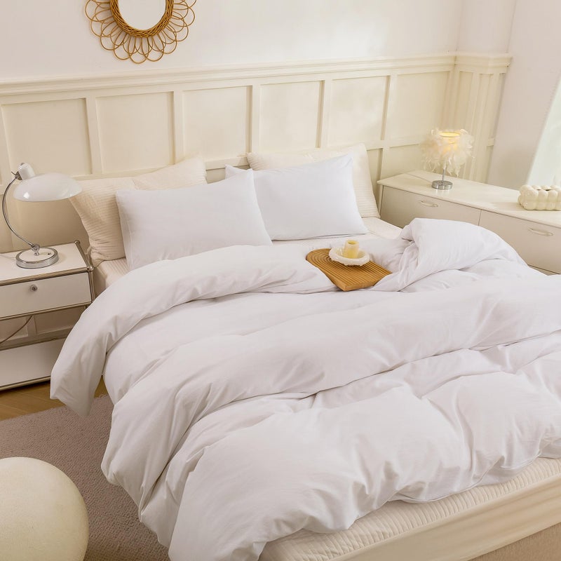 ECOCOTT ECOCOTT White Duvet Cover Queen Size - 100% Washed Cotton Durable Soft Comfy Duvet Cover Set  Lightweight and Breathable with Zipper Closure & Corner Ties (White  90''x90'')  - Image 3