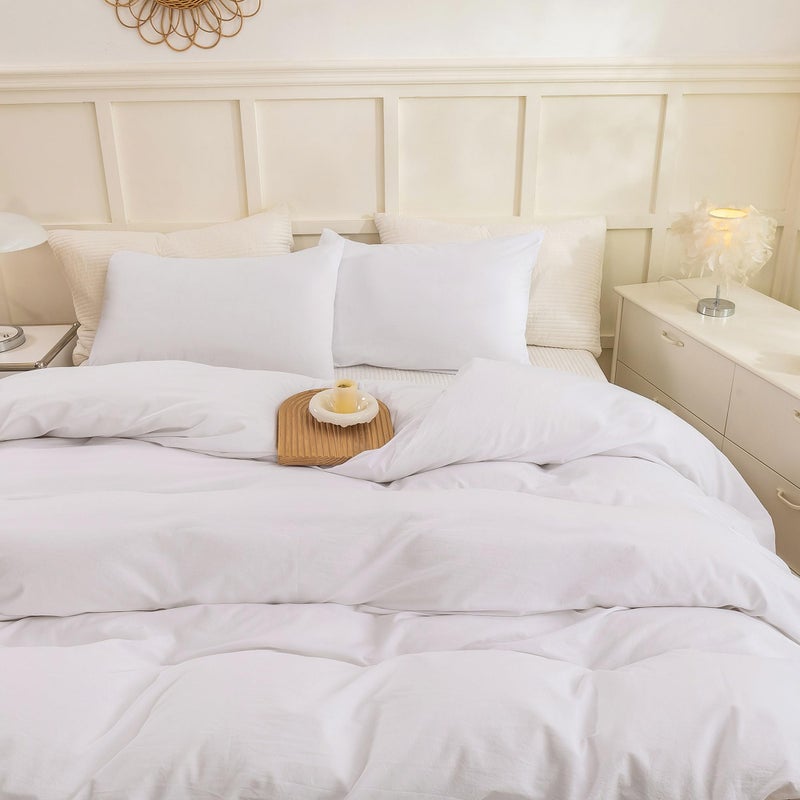 ECOCOTT ECOCOTT White Duvet Cover Queen Size - 100% Washed Cotton Durable Soft Comfy Duvet Cover Set  Lightweight and Breathable with Zipper Closure & Corner Ties (White  90''x90'')  - Image 5