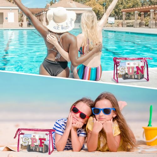COSHAYSOO Clear Makeup Bag Sunscreen Pouch Summer Things Accessories Waterproof Beach Pool Essentials Stuff Air Cruise Travel Toiletry Gifts for Women Teenage Girls with Chenille Letter Pink SUN - Image 5