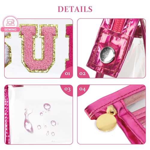 COSHAYSOO Clear Makeup Bag Sunscreen Pouch Summer Things Accessories Waterproof Beach Pool Essentials Stuff Air Cruise Travel Toiletry Gifts for Women Teenage Girls with Chenille Letter Pink SUN - Image 3