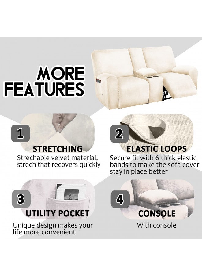 ULTICOR Reclining Love Seat with Middle Console Slipcover, 8-Piece Velvet Stretch Loveseat Reclining Sofa Covers, 2 seat Love seat Recliner Cover, Thick, Soft, Washable, Love seat Slipcovers (Ivory) - Image 3