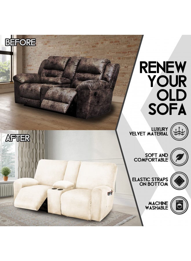 ULTICOR Reclining Love Seat with Middle Console Slipcover, 8-Piece Velvet Stretch Loveseat Reclining Sofa Covers, 2 seat Love seat Recliner Cover, Thick, Soft, Washable, Love seat Slipcovers (Ivory) - Image 2