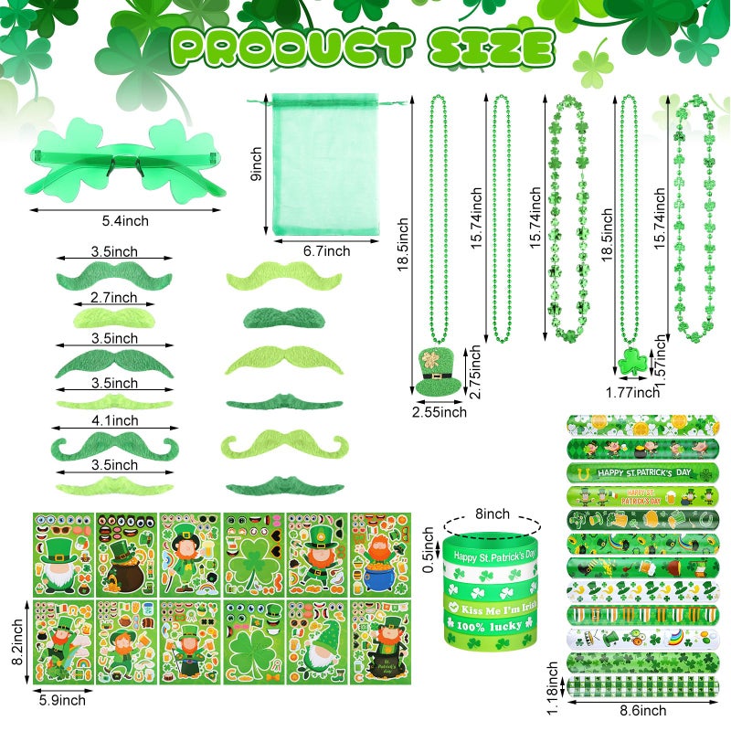 Kenning 96 Pcs St. Patrick's Day Accessories Party Favor Set, Including Four-leaf Glasses, Necklaces, Bracelets, Stickers, Mustaches, Slap Bracelets, Organza Gift Bags, Irish Decoration Party Supplies - Image 2