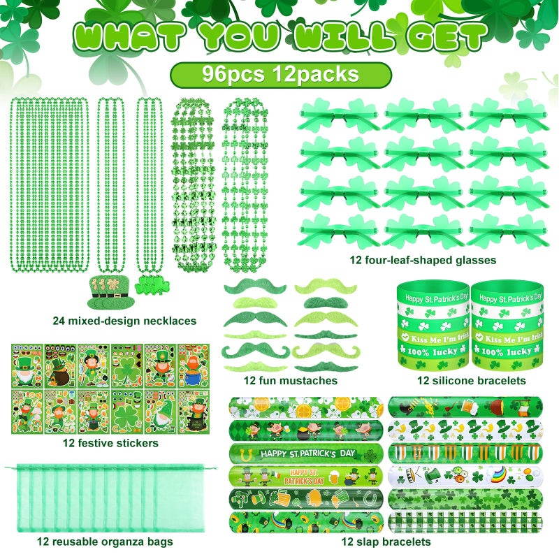 Kenning 96 Pcs St. Patrick's Day Accessories Party Favor Set, Including Four-leaf Glasses, Necklaces, Bracelets, Stickers, Mustaches, Slap Bracelets, Organza Gift Bags, Irish Decoration Party Supplies - Image 3