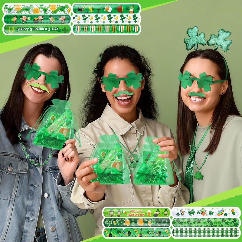 Kenning 96 Pcs St. Patrick's Day Accessories Party Favor Set, Including Four-leaf Glasses, Necklaces, Bracelets, Stickers, Mustaches, Slap Bracelets, Organza Gift Bags, Irish Decoration Party Supplies - Image 5