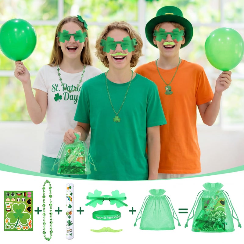 Kenning 96 Pcs St. Patrick's Day Accessories Party Favor Set, Including Four-leaf Glasses, Necklaces, Bracelets, Stickers, Mustaches, Slap Bracelets, Organza Gift Bags, Irish Decoration Party Supplies - Image 4