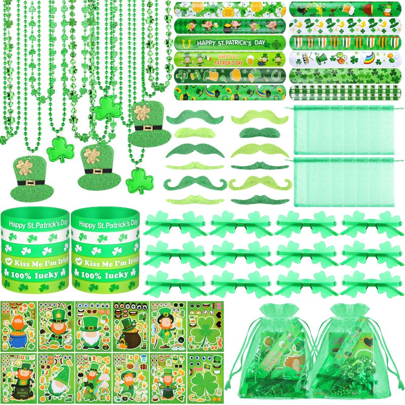 Kenning 96 Pcs St. Patrick's Day Accessories Party Favor Set, Including Four-leaf Glasses, Necklaces, Bracelets, Stickers, Mustaches, Slap Bracelets, Organza Gift Bags, Irish Decoration Party Supplies - Image 1