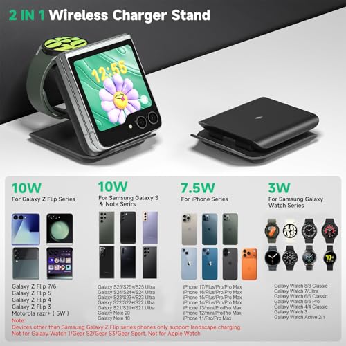 Geyo Wireless Charger for Samsung Galaxy Z Flip, 2 in 1 Foldable Travel Fast Wireless Charging Stand for Z Flip 7/6/5/4/3, S26/S25/S24/Note 20, Galaxy Watch 8/7/Ultra/6, Black - Image 2