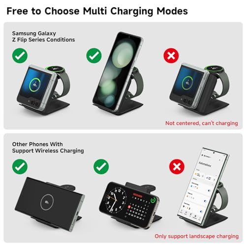 Geyo Wireless Charger for Samsung Galaxy Z Flip, 2 in 1 Foldable Travel Fast Wireless Charging Stand for Z Flip 7/6/5/4/3, S26/S25/S24/Note 20, Galaxy Watch 8/7/Ultra/6, Black - Image 4