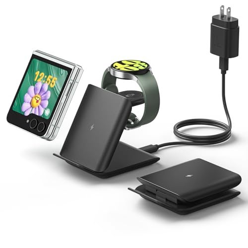 Geyo Wireless Charger for Samsung Galaxy Z Flip, 2 in 1 Foldable Travel Fast Wireless Charging Stand for Z Flip 7/6/5/4/3, S26/S25/S24/Note 20, Galaxy Watch 8/7/Ultra/6, Black - Image 1