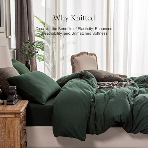 PURE ERA Jersey Knit Forest Green Duvet Cover Set 100% T-Shirt Cotton Super Soft Comfy 3pc Bedding Set with Zipper Closure (Solid Forest Green, King, 104'' x 90'') - Image 4