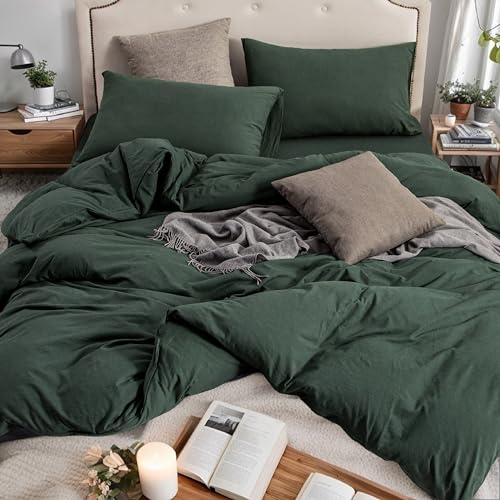 PURE ERA Jersey Knit Forest Green Duvet Cover Set 100% T-Shirt Cotton Super Soft Comfy 3pc Bedding Set with Zipper Closure (Solid Forest Green, King, 104'' x 90'') - Image 1