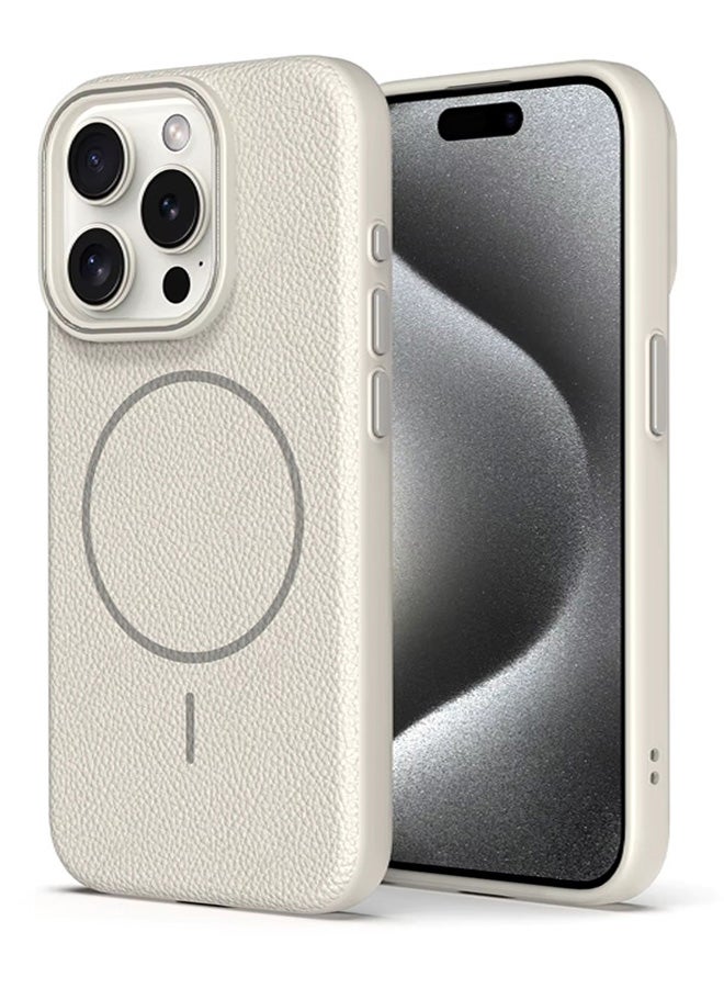 Magsafe Phone Case For iPhone 13 Pro Max With High Quality Rubber Frame And Slim Lychee Pattern Leather Case with Camera Lens Protection Shockproof Cover And support wireless Charging Leather Cover for iPhone 13 Pro Max - Beige - Image 1