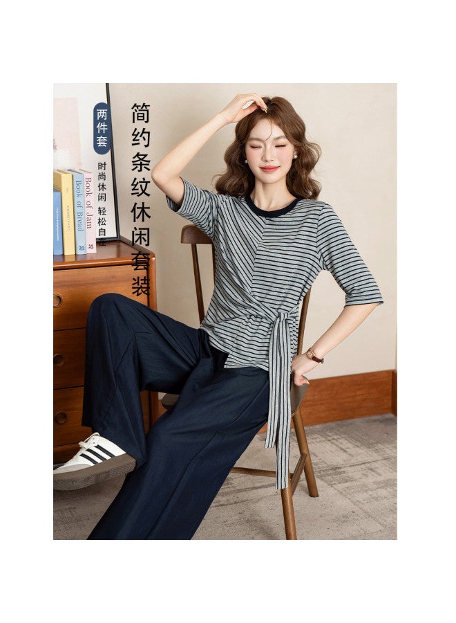 Jeanswest Designer Striped Tie-Detail Top With Simple Mid-Length Sleeves, Relaxed And Comfortable Versatile Wide-Leg Pants - Image 2