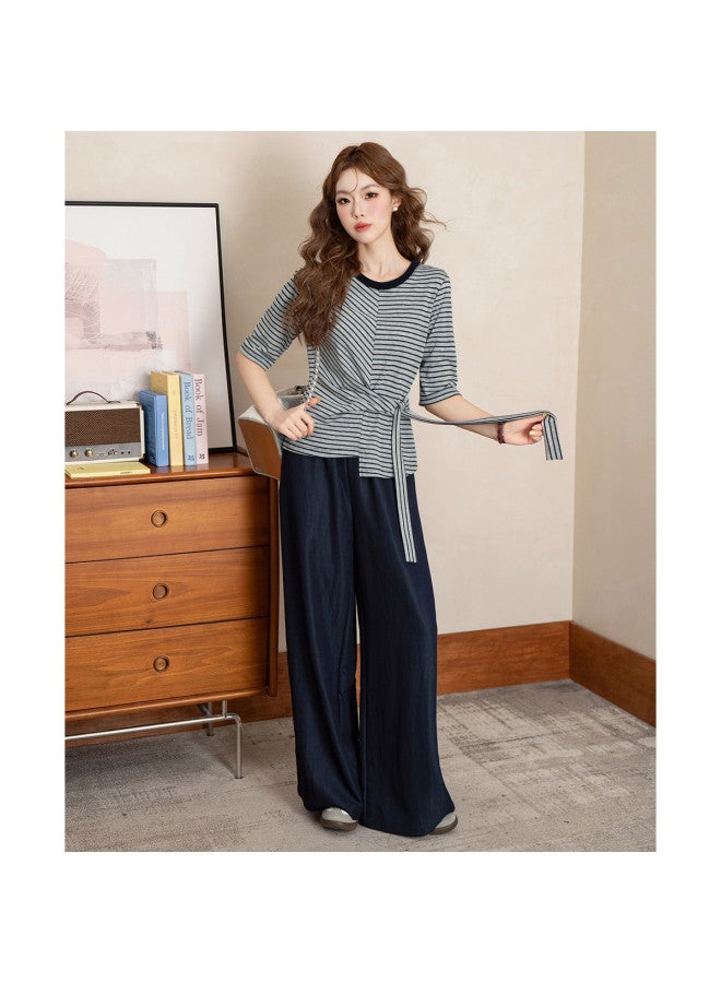 Jeanswest Designer Striped Tie-Detail Top With Simple Mid-Length Sleeves, Relaxed And Comfortable Versatile Wide-Leg Pants - Image 5