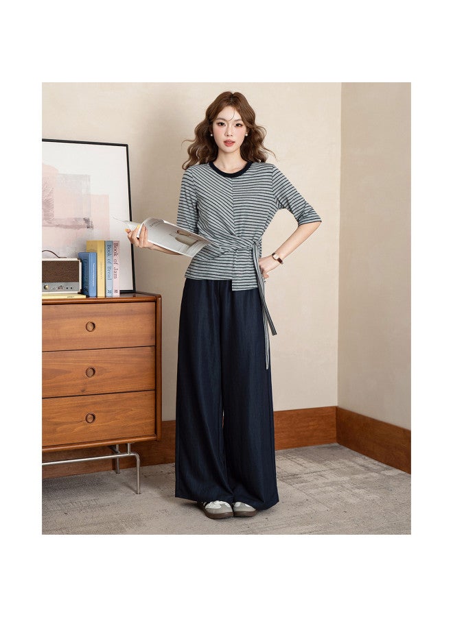 Jeanswest Designer Striped Tie-Detail Top With Simple Mid-Length Sleeves, Relaxed And Comfortable Versatile Wide-Leg Pants - Image 3