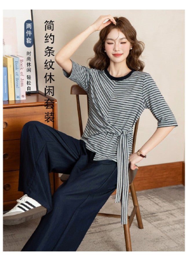 Jeanswest Designer Striped Tie-Detail Top With Simple Mid-Length Sleeves, Relaxed And Comfortable Versatile Wide-Leg Pants - Image 1