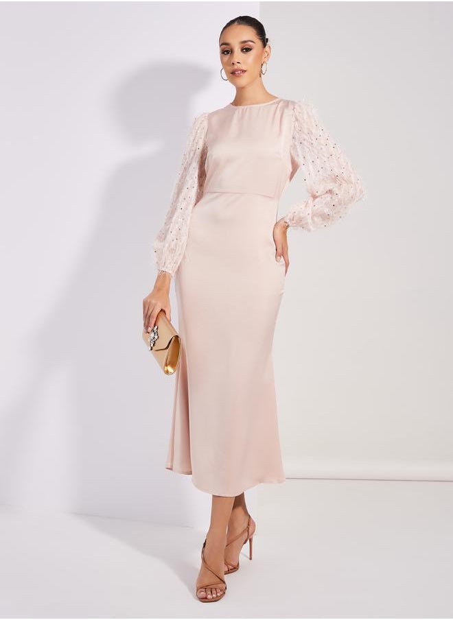 Styli Satin Embellished Sleeves Round Neck Maxi Dress  - Image 1