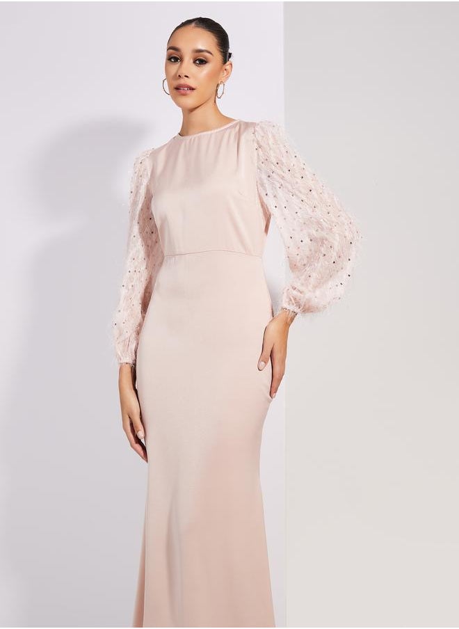 Styli Satin Embellished Sleeves Round Neck Maxi Dress  - Image 2