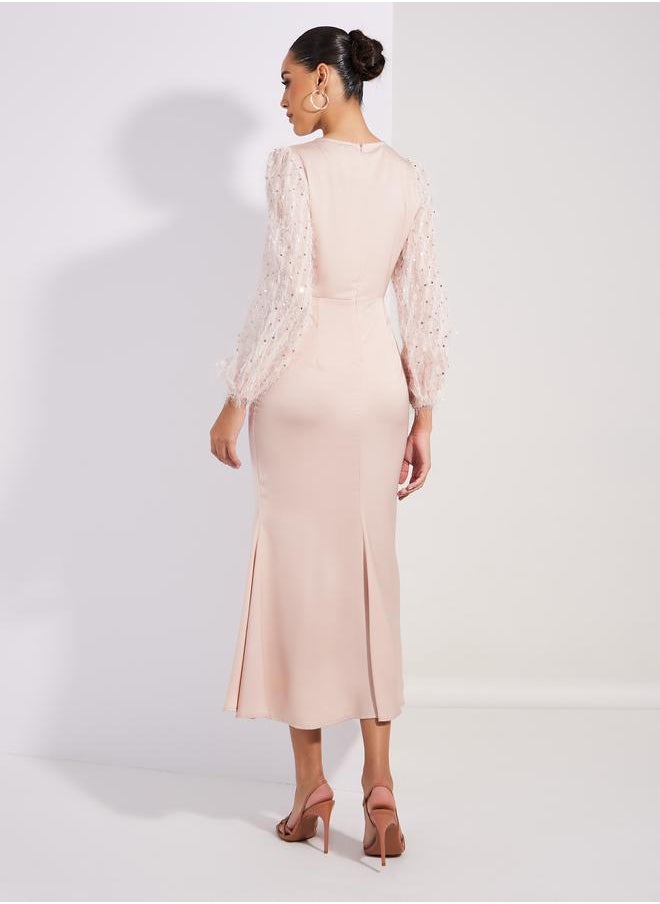 Styli Satin Embellished Sleeves Round Neck Maxi Dress  - Image 4
