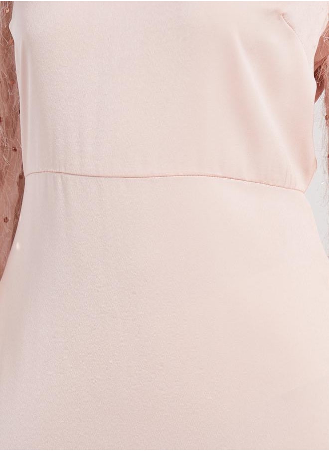 Styli Satin Embellished Sleeves Round Neck Maxi Dress  - Image 3