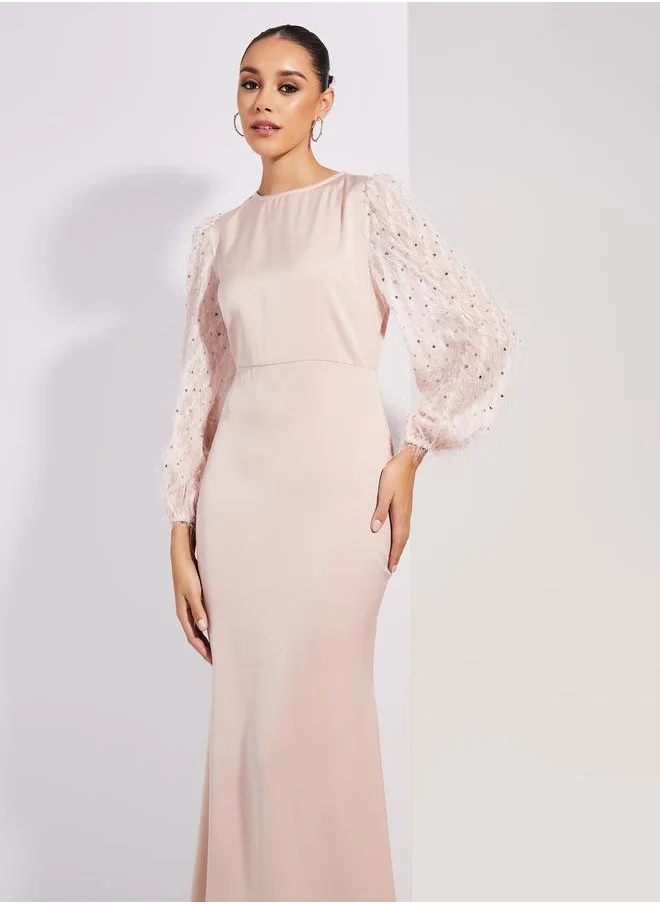 ستايلي Satin Embellished Sleeves Round Neck Maxi Dress