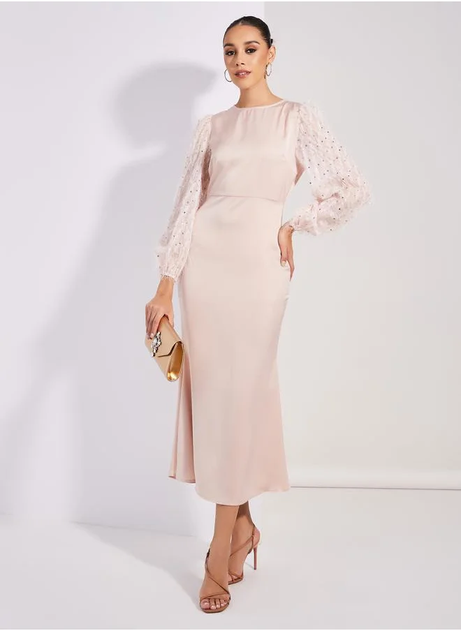 ستايلي Satin Embellished Sleeves Round Neck Maxi Dress