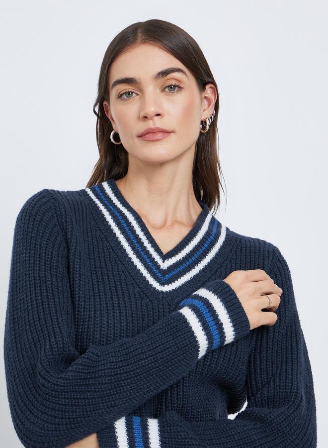 Styli Navy Blue V-Neck Knitted Striped Sweater - Image 3