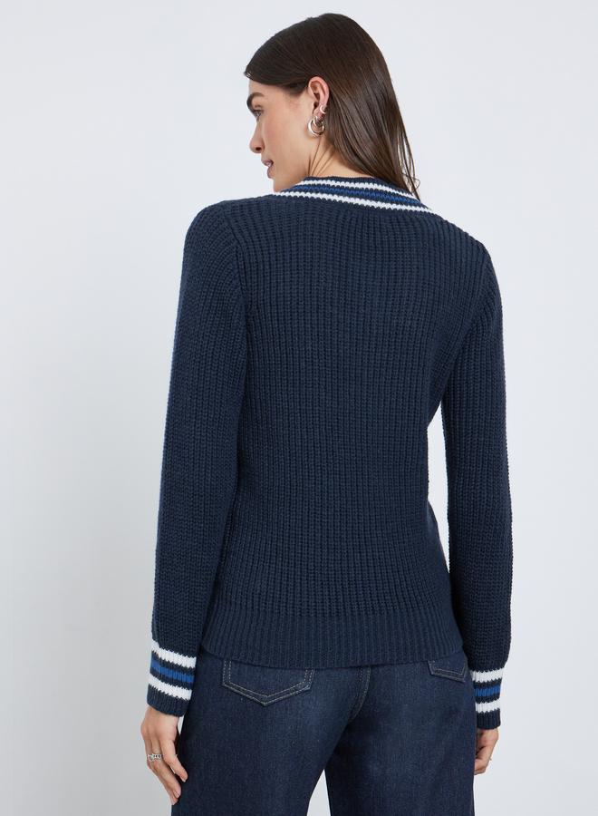 Styli Navy Blue V-Neck Knitted Striped Sweater - Image 4