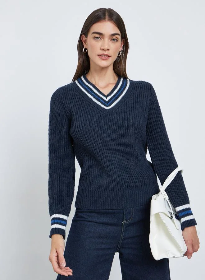 Styli Navy Blue V-Neck Knitted Striped Sweater