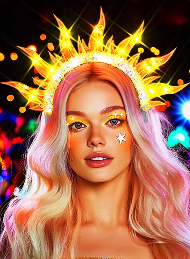 ACEDRE Light Up Headband Sparkly LED Flame Halo Crown Glowing Rave Fire Costume Hair Accessories for Women(1-Yellow) - Image 1