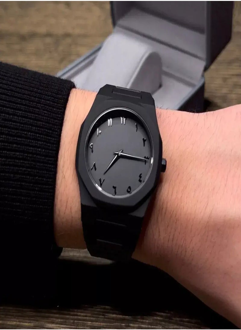 Arabic Watch, All-Black Men's Quartz Watch with Arabic Numerals Dial, Minimalist Analog Display, Octagon Case, 5ATM Waterproof – Gift for Business & Casual Wear