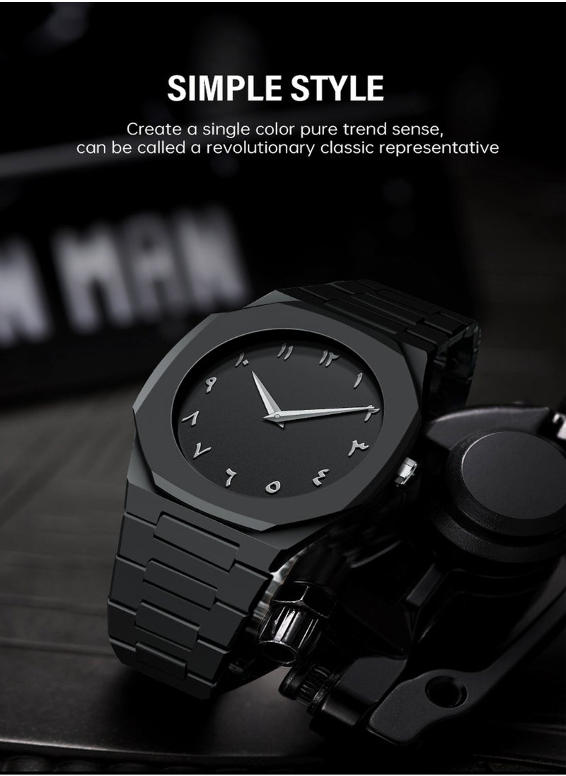 Arabic Watch, All-Black Men's Quartz Watch with Arabic Numerals Dial, Minimalist Analog Display, Octagon Case, 5ATM Waterproof – Gift for Business & Casual Wear