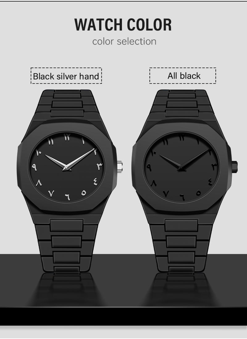 Arabic Watch, All-Black Men's Quartz Watch with Arabic Numerals Dial, Minimalist Analog Display, Octagon Case, 5ATM Waterproof – Gift for Business & Casual Wear