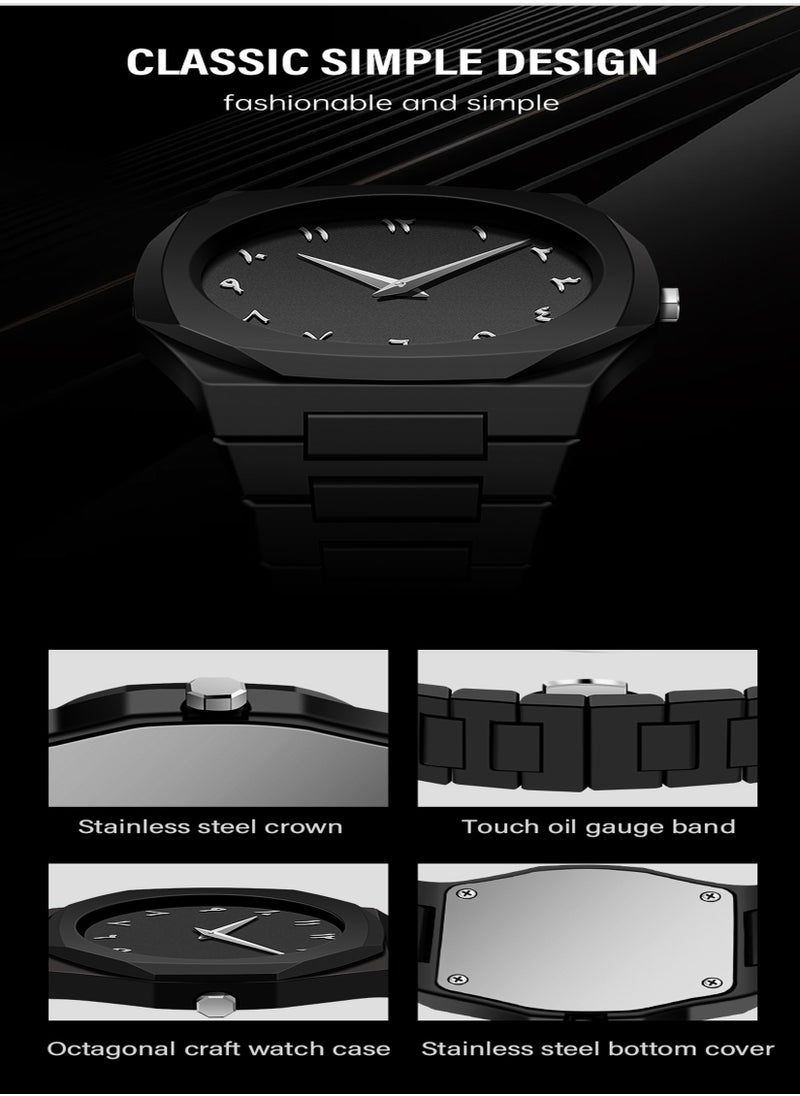 Arabic Watch, All-Black Men's Quartz Watch with Arabic Numerals Dial, Minimalist Analog Display, Octagon Case, 5ATM Waterproof – Gift for Business & Casual Wear
