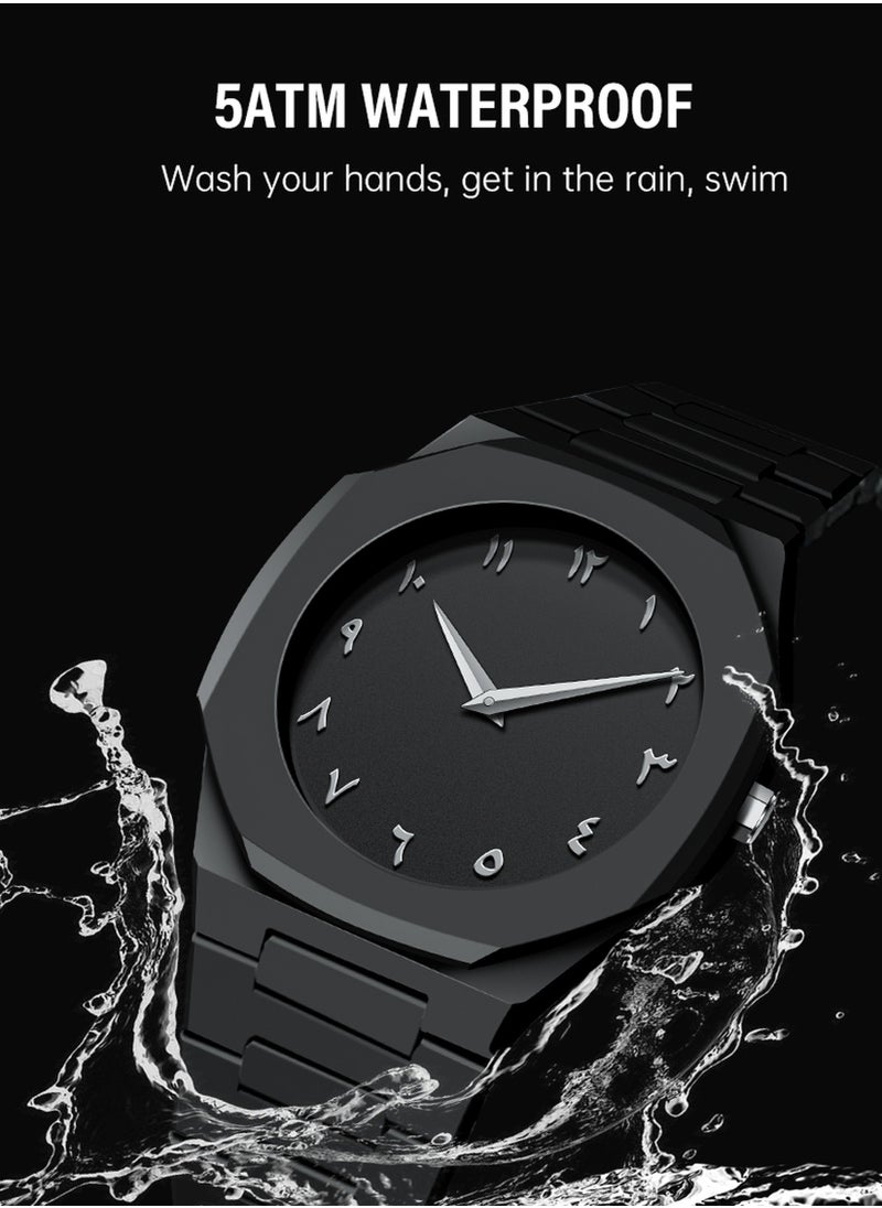 Arabic Watch, All-Black Men's Quartz Watch with Arabic Numerals Dial, Minimalist Analog Display, Octagon Case, 5ATM Waterproof – Gift for Business & Casual Wear