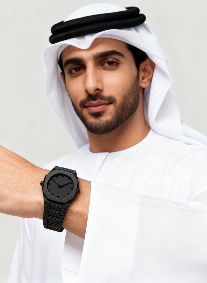 إيه آن د دبليو ساعة عربية سوداء رجالية بتصميم ثماني أنيق، ساعة يد كوارتز بأرقام عربية، مقاومة للماء 5ATM، زجاج معدني، هدية مثالية لمحبي الساعات العربية - Image 2