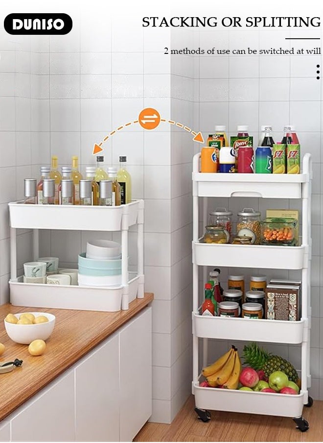 DUNISO 4-Tier Rolling Utility Cart with Drawer, Multifunctional Storage Organizer, Rolling Cart with Plastic Shelf & Metal Wheels,Storage Cart for Kitchen, Bathroom, Living Room, Office  - Image 3