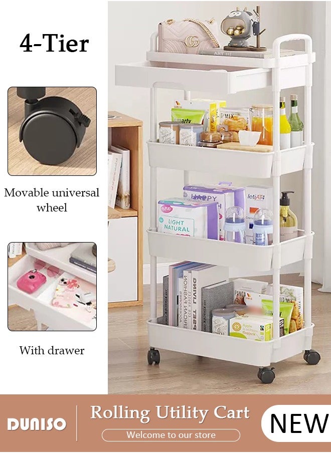 DUNISO 4-Tier Rolling Utility Cart with Drawer, Multifunctional Storage Organizer, Rolling Cart with Plastic Shelf & Metal Wheels,Storage Cart for Kitchen, Bathroom, Living Room, Office  - Image 1