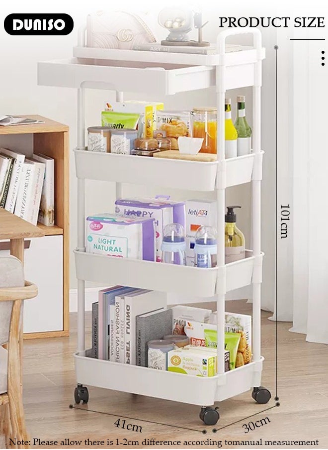 DUNISO 4-Tier Rolling Utility Cart with Drawer, Multifunctional Storage Organizer, Rolling Cart with Plastic Shelf & Metal Wheels,Storage Cart for Kitchen, Bathroom, Living Room, Office  - Image 4