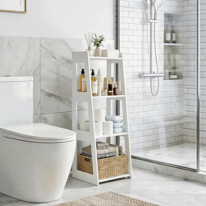 POBOMULI 4-Tier Bathroom Ladder Shelf Freestanding, White Floor Shelves Open Shelving Unit, Small Bookshelf Nightstand for Home Study Laundry Room (11â€D x 12.6â€W x 37â€H) - Image 2