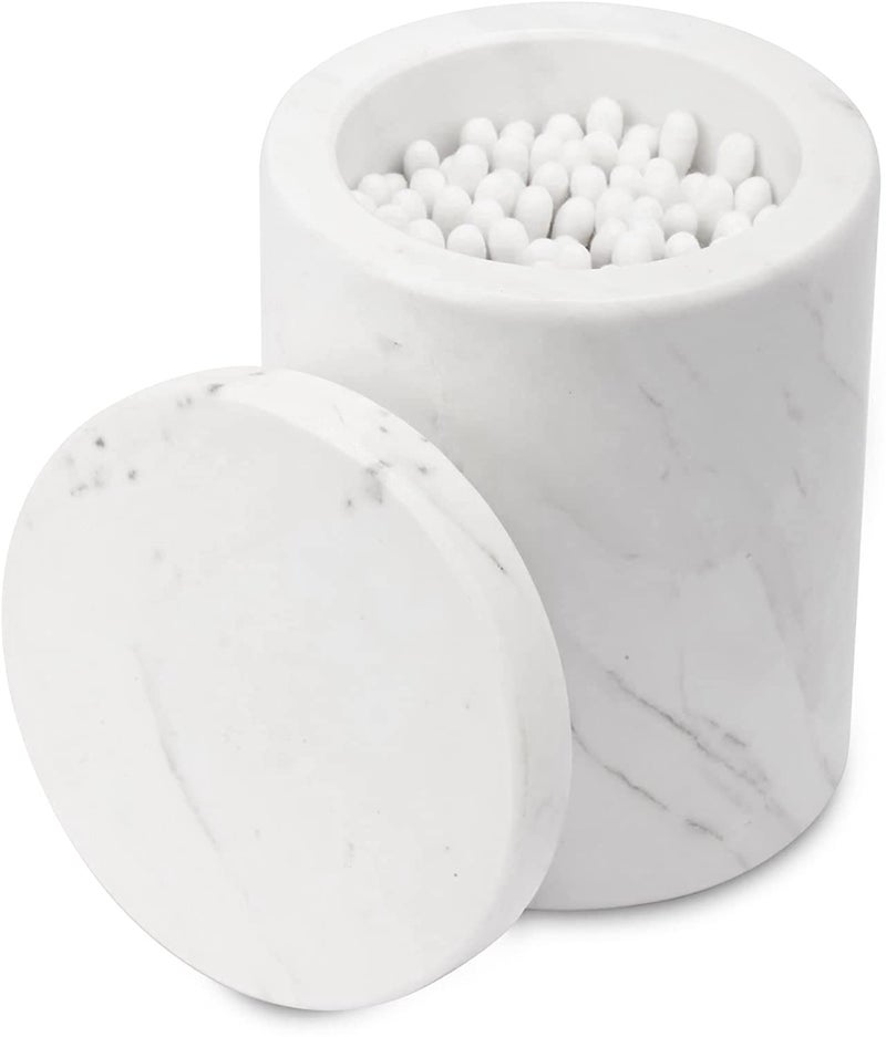 WORHE WORHE Marble Canister with Lid Natural Qtip Holder for Cotton Swabs Balls Pads Floss Picks Bath Salts  Vanity Makeup Storage Organizer Bathroom Essentials Accessories Decor White DL011 