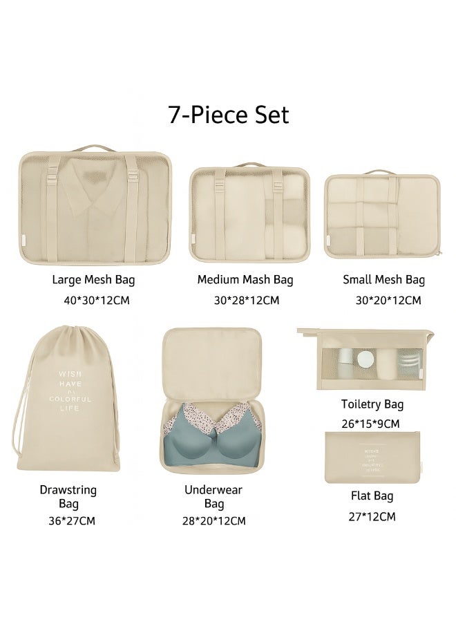 Travel Organizer - Set of 7 Portable Reusable Travel Luggage for Suitcase Organizer, Storage Bag, Compression Bag, Travel Bag with Zipper (Beige) - Image 4