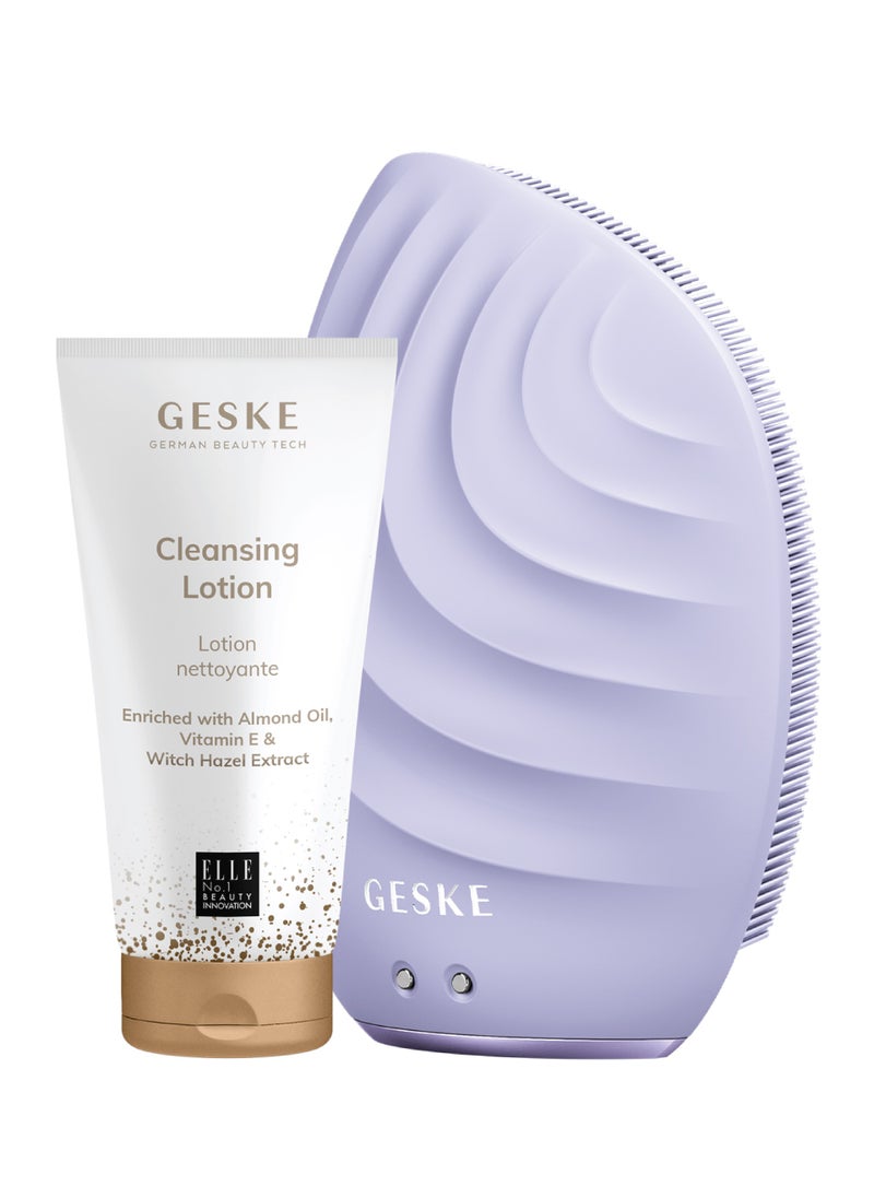 GESKE Geske Cleansing Lotion, Almond Oil, Hazel Extract & Vitamin E, Deep Cleanse, Exfoliate & Nourish + Sonic Facial Brush 5 in 1, Complete Skincare Set for Radiant, Healthy Skin (Combo Pack)- Purple  - Image 1