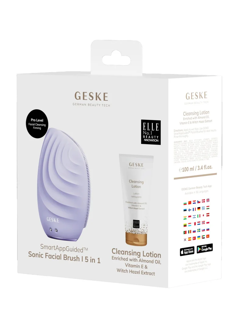 GESKE Geske Cleansing Lotion, Almond Oil, Hazel Extract & Vitamin E, Deep Cleanse, Exfoliate & Nourish + Sonic Facial Brush 5 in 1, Complete Skincare Set for Radiant, Healthy Skin (Combo Pack)- Purple