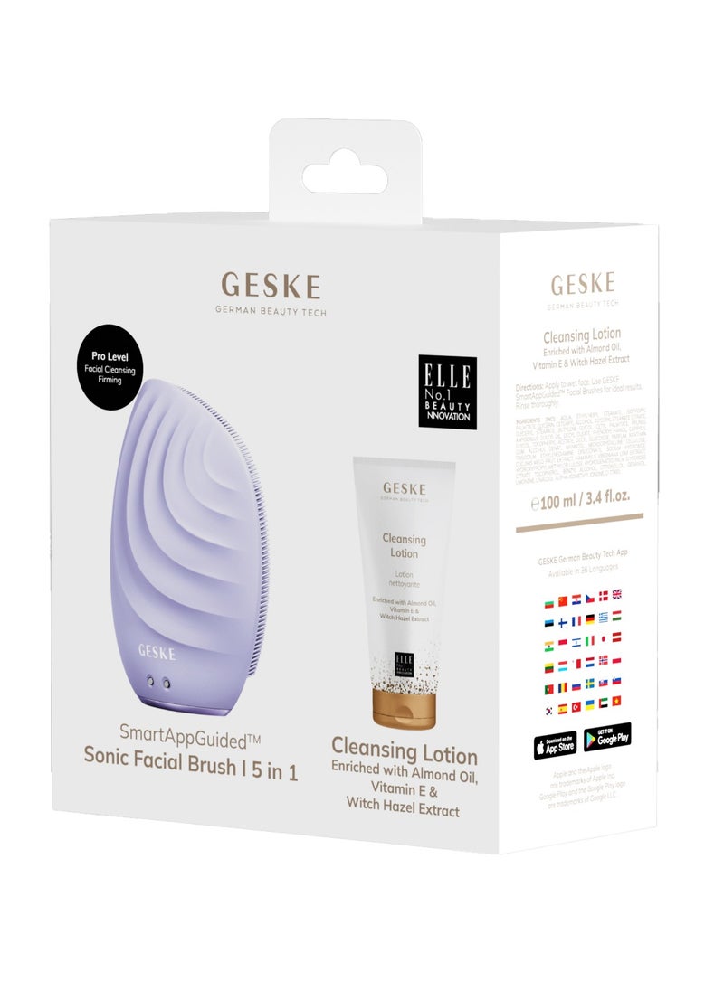 GESKE Geske Cleansing Lotion, Almond Oil, Hazel Extract & Vitamin E, Deep Cleanse, Exfoliate & Nourish + Sonic Facial Brush 5 in 1, Complete Skincare Set for Radiant, Healthy Skin (Combo Pack)- Purple  - Image 2