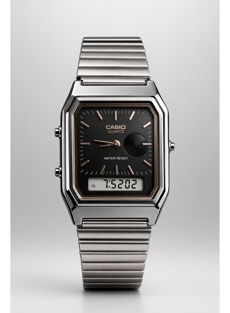 Casio Men's Stainless Steel Analog-Digital Watch – Square Dial Water Resistant Watch with Digital Display | Stylish Casio Quartz Watch