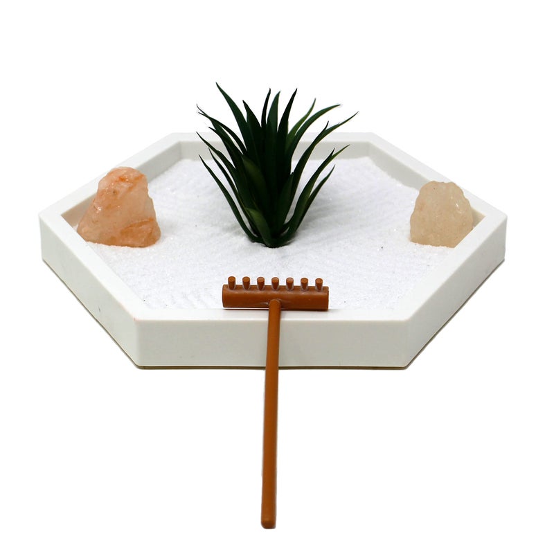 Nature's Mark Natures Mark Mini Zen Garden Kit for Desk with White Sand Rake White Base Salt Rock and Air Plant Rectangle