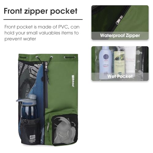 WANDF Swim Bag Mesh Drawstring Backpack with Wet Pocket Beach Backpack for Swimming, Gym, and Workout Gear (Dark green) - Image 3